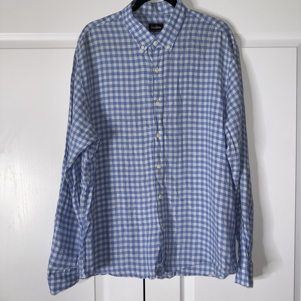 Neiman Marcus Shirt Mens XL Blue Gingham Linen Long Sleeve Button Up Casual